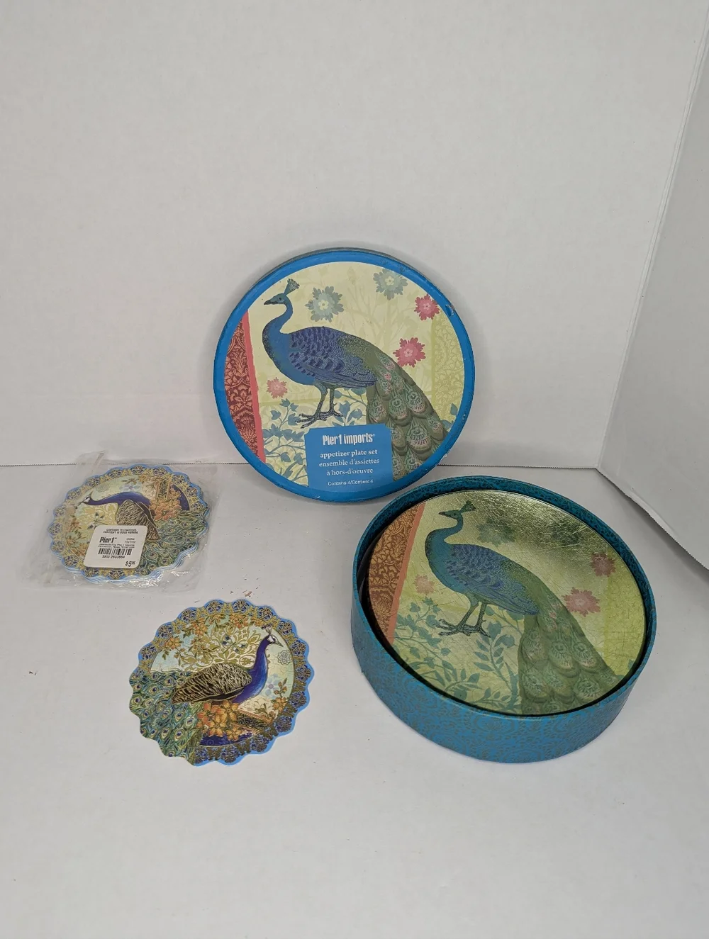 Pier 1 Peacock 4 Foil Glass App Plates Set And 15 Pc Die Cut Coasters Set Bundle